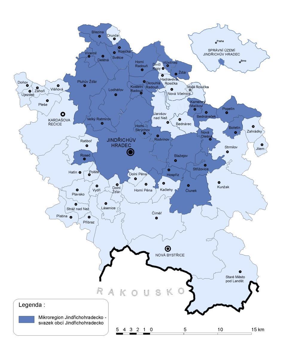 KDE PŮSOBÍME.. Mikroregion Jindřichohradecko působí na území 26 obcí v Jihočeském kraji (viz mapa č. 1 Zájmové území mikroregionu).