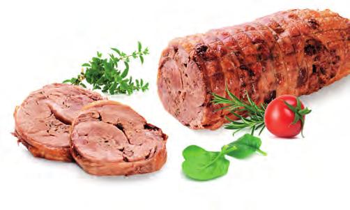231001 Krůtí roláda se žampiony 2 x cca 1,4 kg Složení: marinovaný krůtí prsní řízek s fáší z kuřecího masa, restované cibulky Wiberg a žampionů.