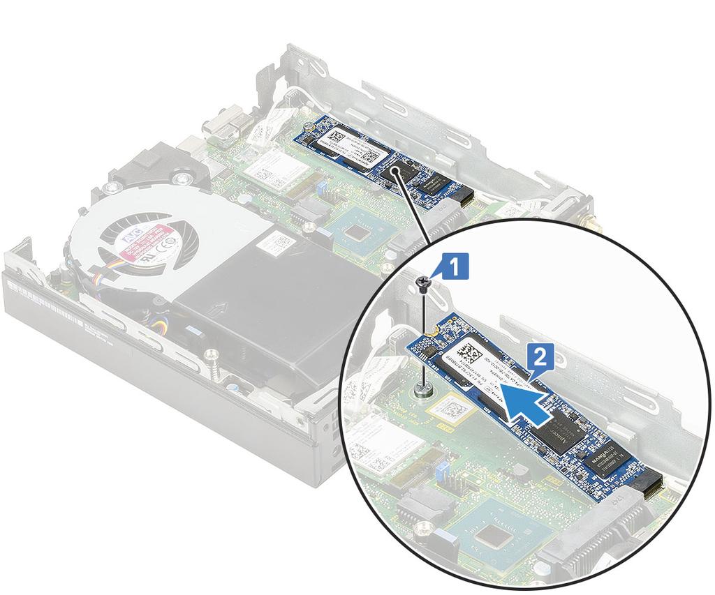 Montáž karty SSD M.2 PCIe POZNÁMKA: Pokyny platí také pro disk SSD M.2 SATA. 1 Montáž disku SSD M.2 PCIe: a Vložte disk SSD M.