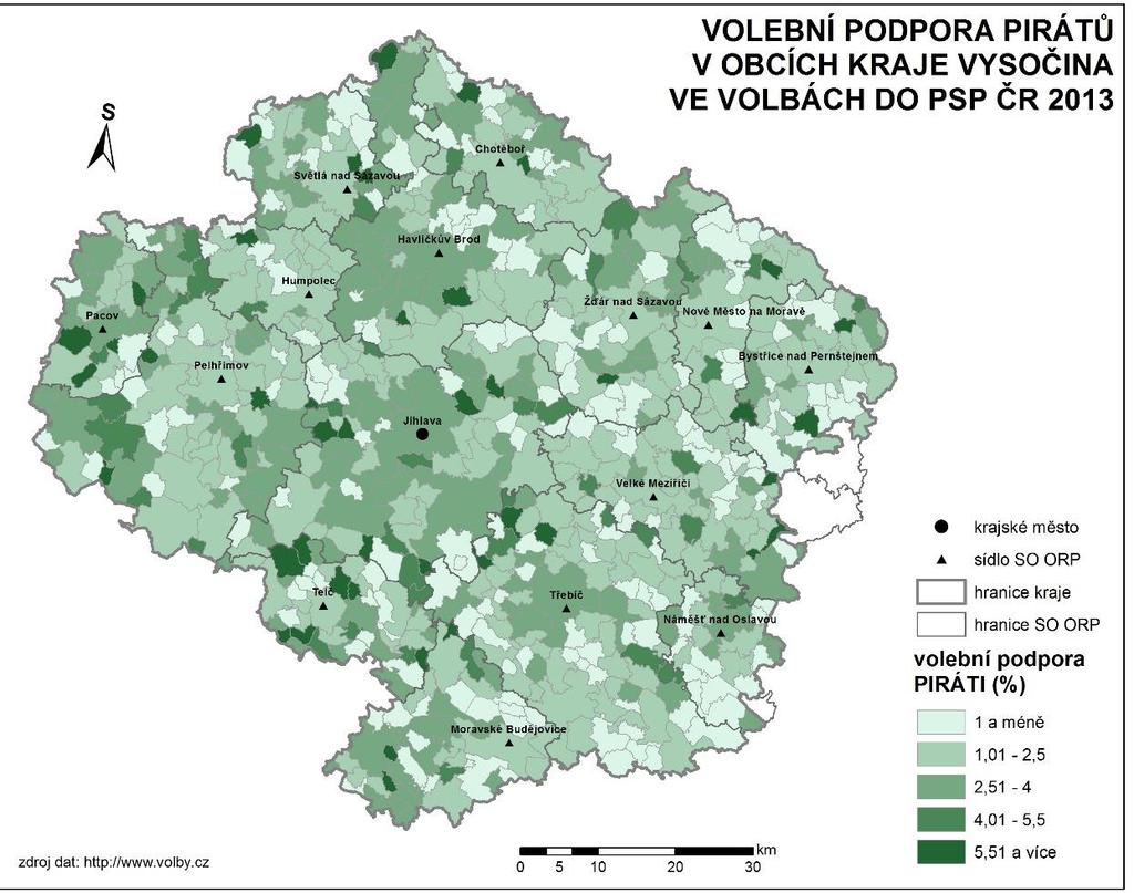 7.2 Česká pirátská strana Česká pirátská strana získala v Kraji Vysočina 2,35 % hlasů. Podpora této strany je opět velmi roztroušená.