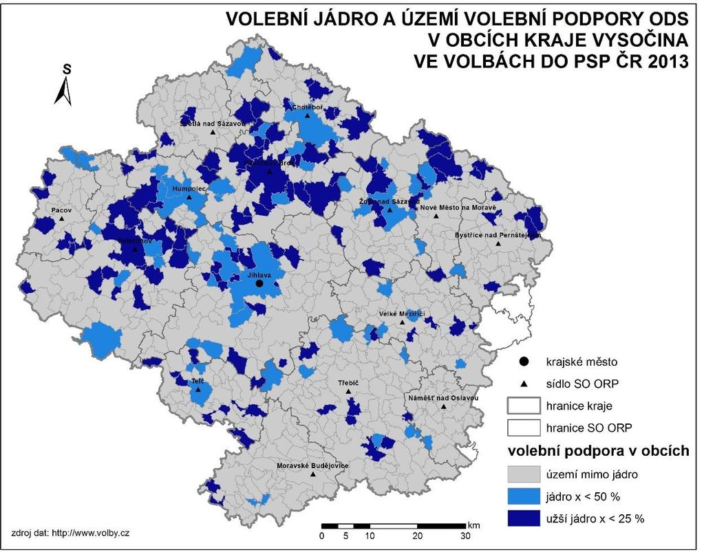 8.6 Občanská demokratická strana Jádra volební podpory Občanské demokratické strany jsou soustředěny především ve městech a jejich těsném okolí v severozápadní části kraje Vysočina.