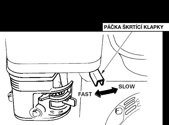 6. Pokud je páčka sytiče v poloze CLOSE při startování, postupně ji posouvejte směrem do polohy OPEN, s postupným zahříváním motoru. ZASTAVENÍ MOTORU 1. Posuňte ovládání škrtící klapky do polohy SLOW.