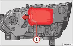 Žárovka tlumeného světla Obr. 111 V motorovém prostoru: odstraňte kryt. Obr. 112 V motorovém prostoru: Žárovka tlumeného světla. Nouzové situace Otevřete víko motorového prostoru. Posuňte vzpěru obr.