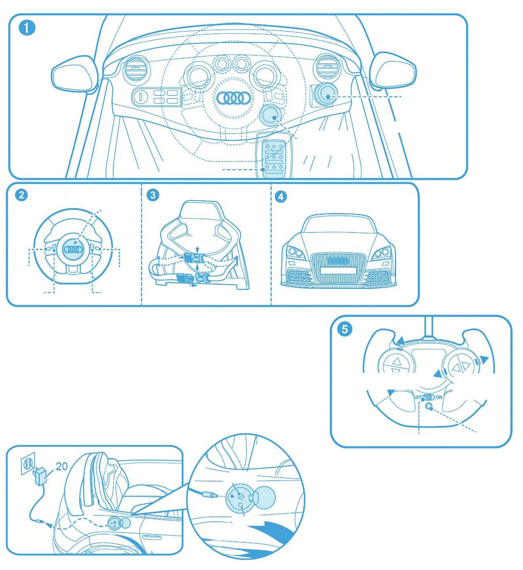 Startovací tlačítko Řadící páka (ve střední poloze se auto zastaví) Plynový pedál Bezpečností pás Volant Tlačítko houkačky Rozepnutí Hudební tlačítko 1 Hudební tlačítko 2 Hudební tlačítko 1 Hudební