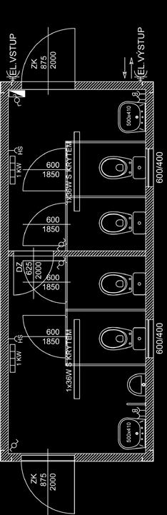 okno 600/400 mm 2 ks venkovní dveře pozinkované 875/2000 mm vnitřní dveře 625/2000 mm 4 ks WC-kabina s vnitřními dveřmi 600/1850mm, s