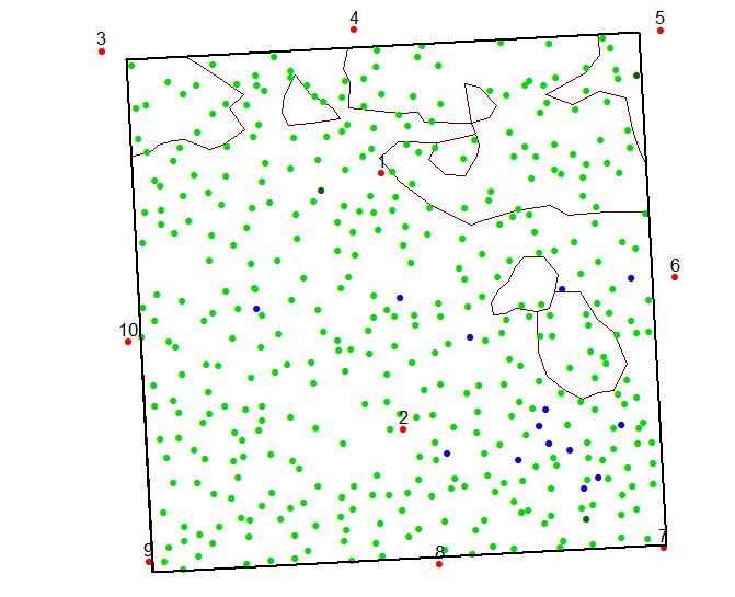 Mapa demonstrační plochy s pozicemi zaujatých stromů Legenda: SM, MD, BO, Označený hraniční strom (3-10), fotobod (1,2), 2.4 