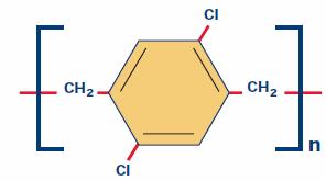 2: Parylen C [16] Typ D Parylen typu D je, stejně jako dva předchozí typy, vytvořen ze stejného materiálu, v jeho aromatickém jádře jsou ale dva vodíky nahrazeny atomy chlóru (viz obrázek 2.3).