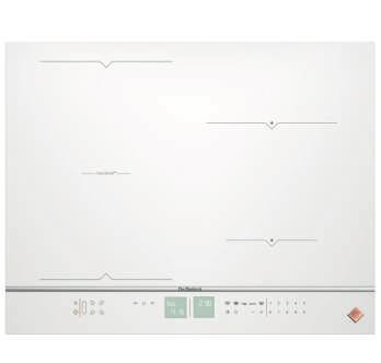 INDUKČNÍ VARNÁ DESKA HORIZONE 65 M DPI7686WP Provedení bílé sklo + přední dekorativní lišta 4 nezávislé varné zóny: horizone 5 kw, 16 cm / 2,4 kw a 23 cm / 3,7 kw elkový příkon 7,4 kw 20 stupňů