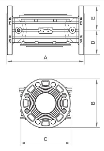 14) Technický nákres s rozměry: DN 32 DN 50 DN 65 DN 100 Rozměr A (mm) B (mm) C (mm) D (mm) E (mm) DN 32 DN 50 230 152 165 67,5 97,5 DN 65 290 180 211 90 90 DN 80 310 194 211 97 97 DN 100 350 210 260