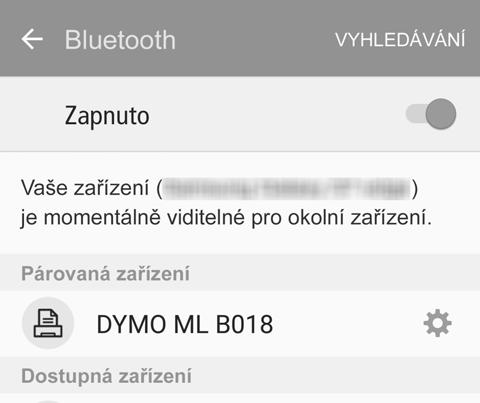 Párování štítkovače s mobilním zařízením Spárujte štítkovač se svým mobilním zařízením pomocí nastavení Bluetooth ve vašem zařízení.