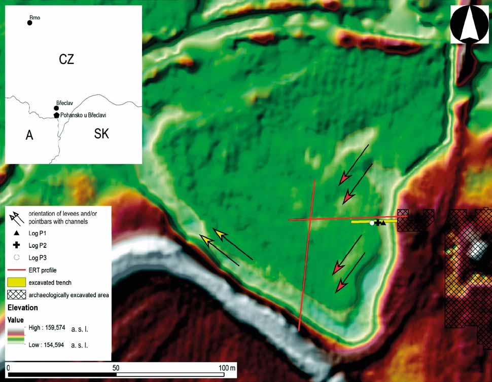Obr. 1: Digitální model reliéfu (data Lidar) s vyznačenou pozicí bagrované sondy a pozicí dokumentačních a odběrových bodů.