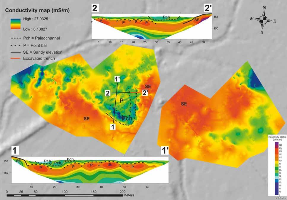 Obr. 4: Mapa anomálií vodivosti, DEMP (dipole electromagnetic profiling) dokládající existenci valů a/nebo jesepů a zaniklého koryta. Fig.