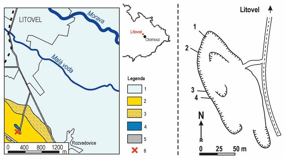 Obr. 1: Geologická mapa s polohou lokality a nákres hliníku u Litovle; 1 nivní sedimenty (holocén); 2 spraše a sprašové hlíny (pleistocén); 3 hlinito-písčité až písčito-hlinité svahoviny