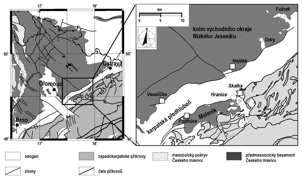 Obr. 1: Schematická geologická mapa regionu jv. okraje Nízkého Jeseníku a kry Maleníku (vlevo: sestaveno a modifikováno podle Kodyma et al. 1967 a Mahel a et al.