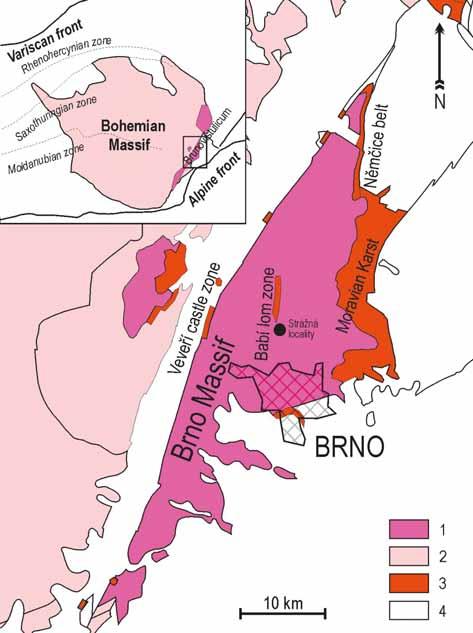 Fig. 1: Schematic geological map of the Brno Massif. 1 Brunovistulicum; 2 Other crystalline units; 3 Devonian; 4 Post Devonian units.