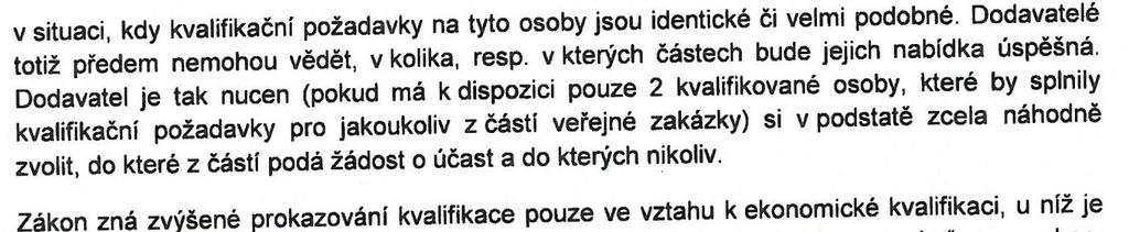 ODPOVĚĎ 1 Záměrem zadavatele při vymezení požadavků na technickou kvalifikaci bylo, aby každý dodavatel podle svých kapacitních možností podal žádost o účast pouze na ty části, které je sám,