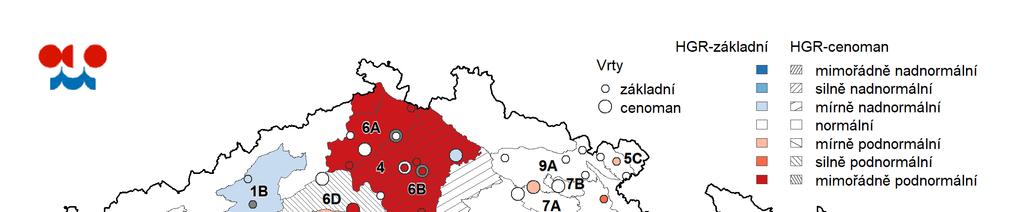 3. HLUBOKÉ VRTY Úroveň hladiny podzemní vody v hlubokých vrtech byla v březnu mimořádně podnormální v části severočeské a východočeské křídy (skupiny hg rajonů 4, 5A) a jihočeských pánví (2A).