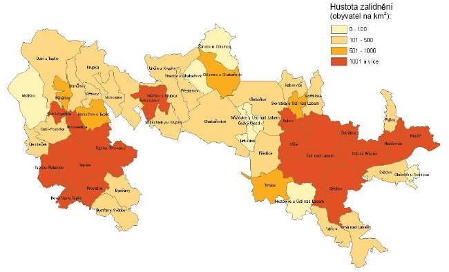 Obrázek 3 Schematická mapa aglomerace Ústí n.l. Teplice a hustota zalidnění Přesto není jeho trasa zatím zcela stabilizovaná, mj. z důvodu nových snah o větší provázanost s klasickou železnicí.