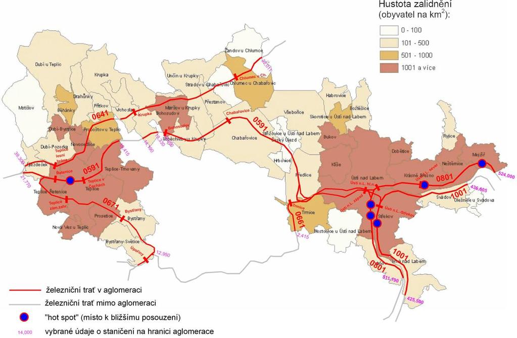 Lokalizace výsledných kandidátních kritických míst je zřejmé z následujícího schématu. Obrázek 6 Situace provozovaných železničních úseků a lokalizace ohnisek hluku 6.