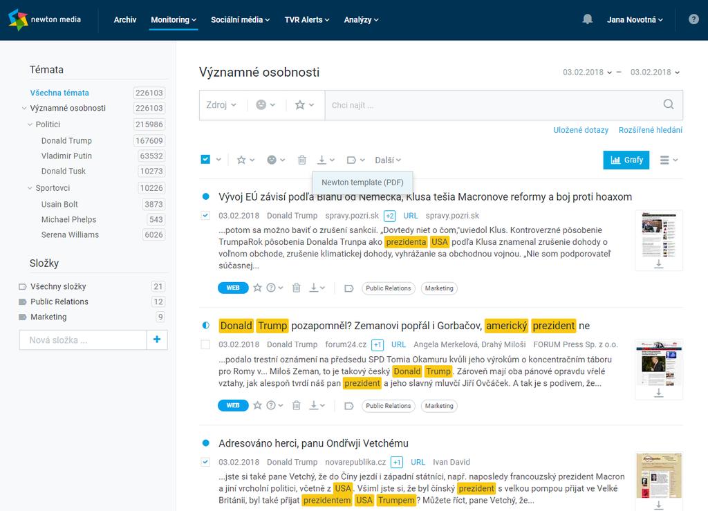 EXPORTY > Monitoring > Hromadný export > příspěvky v Monitoringu lze exportovat samostatně nebo hromadně > hromadně lze příspěvky exportovat v tématech nebo ve vytvořených složkách > rychlý export: