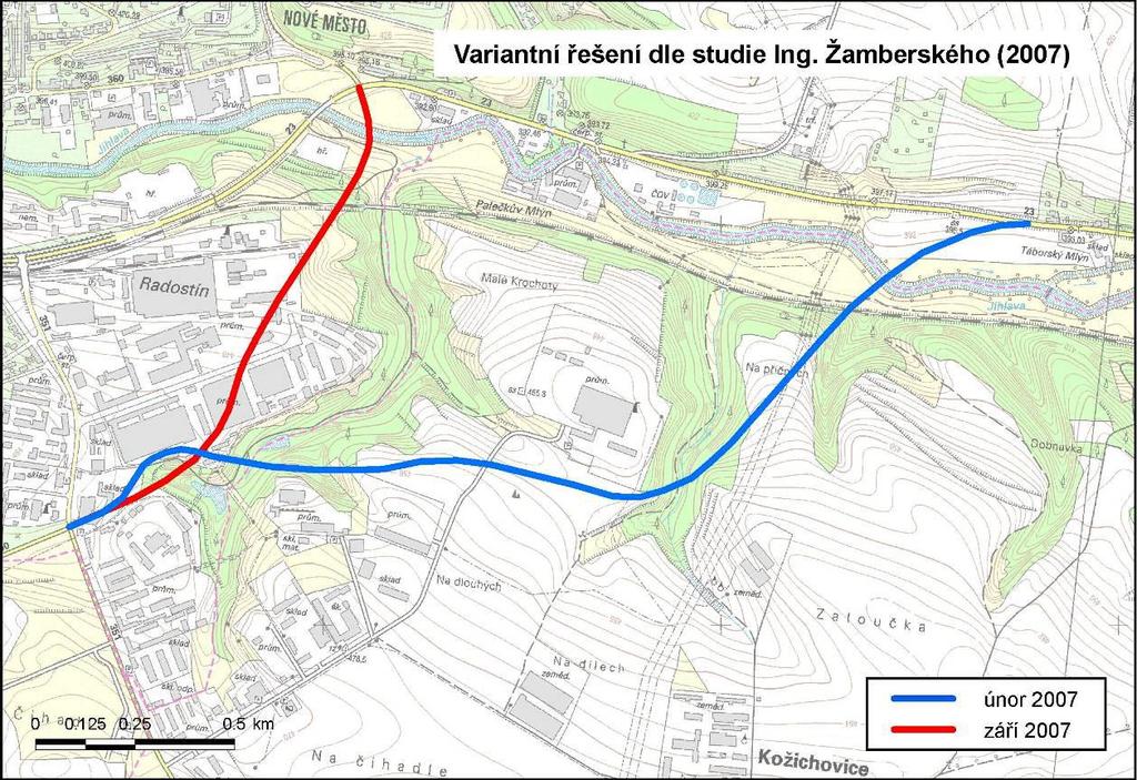 Obrázek: Varianty tras jihovýchodního úseku obchvatu města Třebíče dle Ing. Evžena Žamberského (02/2007 a 09/2007).