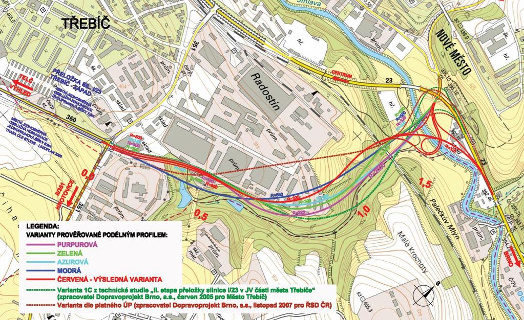 Obrázek: Varianty trasy jihovýchodního úseku obchvatu města Třebíče dle studie Přeložka Silnice I/23 Třebíč Jihovýchodní obchvat (Linio Plan, s.r.o., 03/2013).
