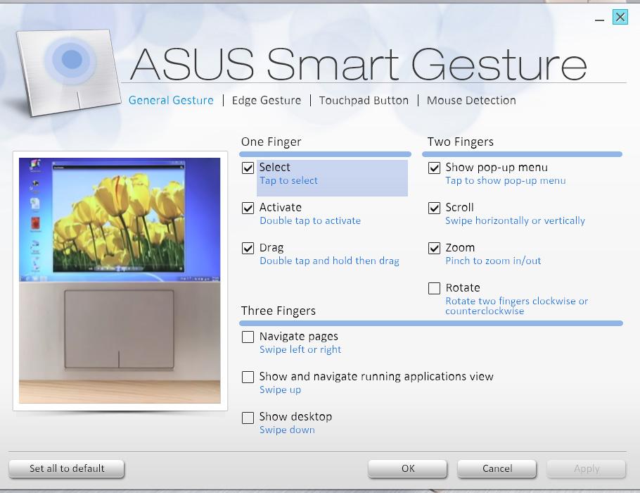 3. V okně ASUS Smart Gesture zaškrtněte gesta, která chcete aktivovat, v části Tři prsty. 4.