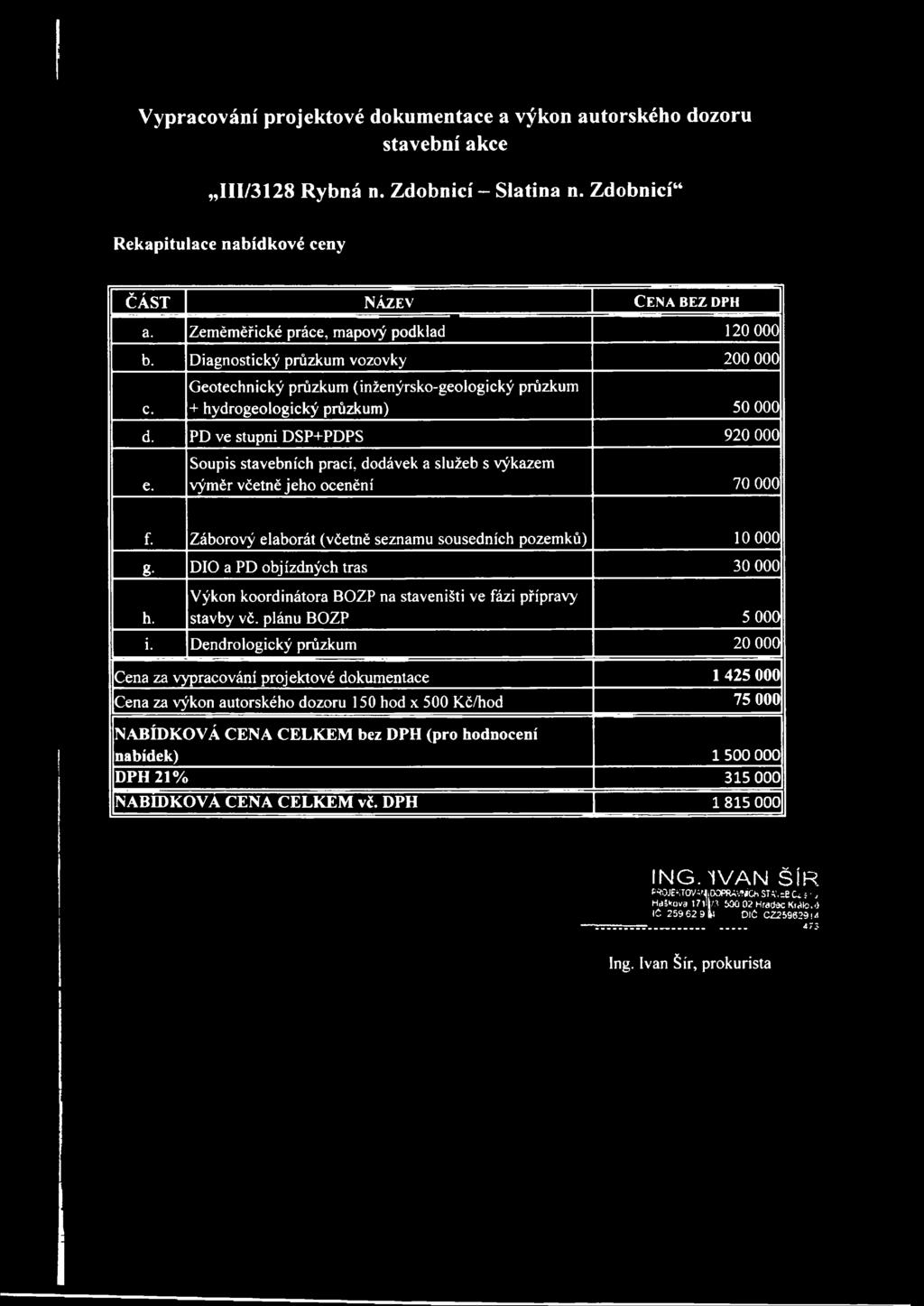 PD ve stupni DSP+PDPS 920 000 e. Soupis stavebních prací, dodávek a služeb s výkazem výměr včetně jeho ocenění 70 000 f.