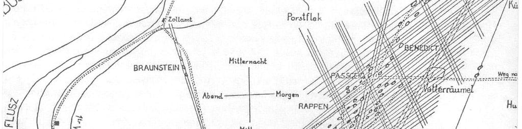 Příloha 3: Důlní mapa Rolavy z roku 1832 (Anonym). Znázorněna jsou greisenová pásma a všechny tehdy známé šachty a štoly.