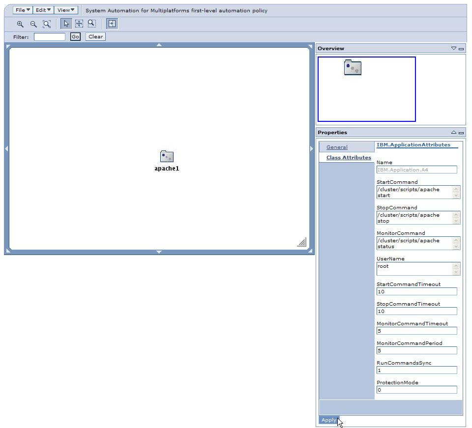 3. On the Class Attributes property tab, enter class attribute details in the fields proided, then click the Apply button: Stage 3: Create IP address resource apache1ip Defining RSCT resources for a