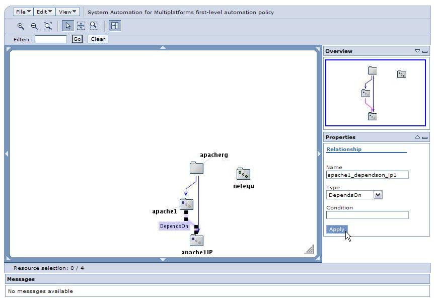 3. Click the OK button. A relationship connector line joining apache1 to apache1ip can now be seen in the topology iewer: 4.