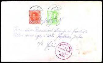 vyplaceno zn. Mi. P 47 a dopl. zn. 15h DL 3, znehodnoceno dvojjazyčným raz. OLBRAMOVICE 13. 2. 1919 sestava 3 ks celistvostí frank. půlenými známkami s raz. KŘIVOKLÁD 30.12.1918, PRAHA 1 23. 1. 19, BAVOROV.