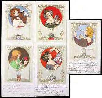 711 Secese Jack Adeille, Francie 1898, bar. litografie, 5 ks, dl. adresy 1 000 Kč 712 Secese K. Staudinger, Rakousko 1899, bar. litografie, 2 ks, dl.