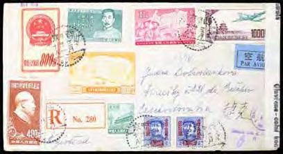 pestré frankatury, zajímavé 500 Kč 1012 Čína - dvě celistvosti z r. 1963 do Brna frank. zajímavou frankaturou 600 Kč Čína - let. R-dopis do ČSR s pestrou zajímavou frankaturou, na zadní str.