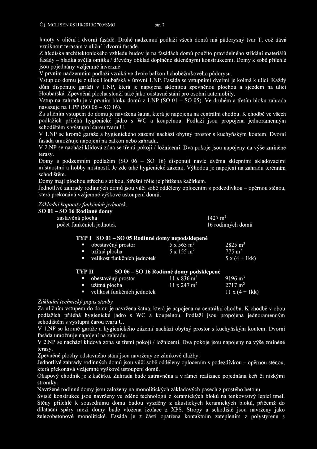 Domy k sobě přilehlé jsou pojednány vzájemně inverzně. V prvním nadzemním podlaží vzniká ve dvoře balkon lichoběžníkového půdorysu. Vstup do domu je z ulice Houbařská v úrovni l.np.