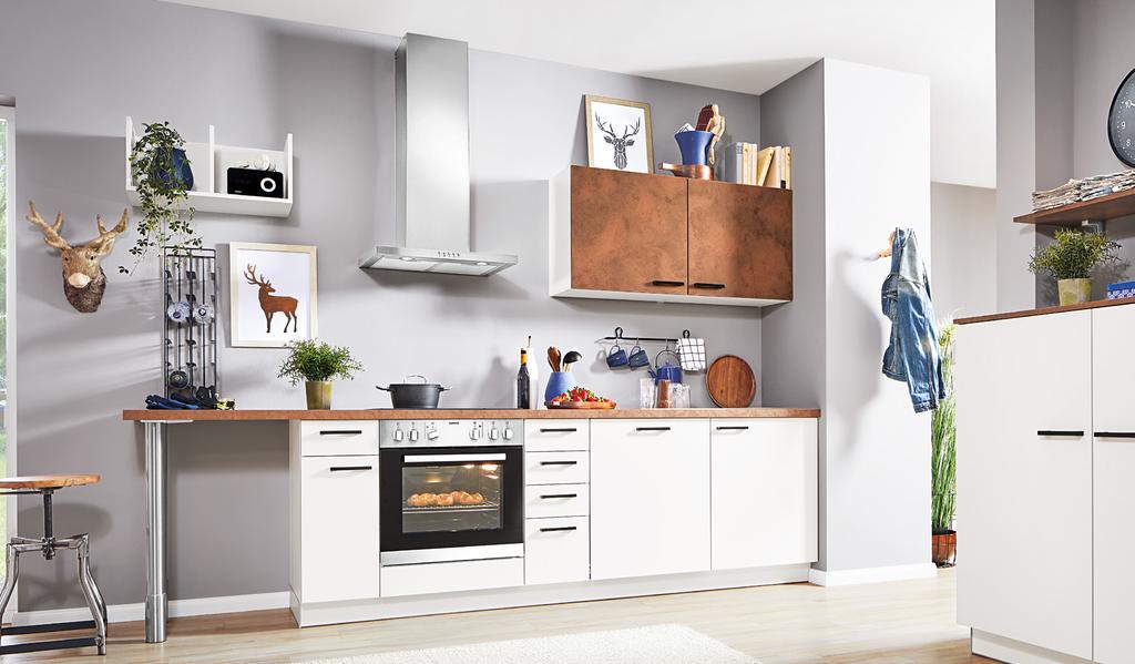 PLÁNOVANÁ KUCHYNĚ PN 270 / PN 310 magnolie - lesk / imitace rezavý kov rozměry cca 300 + 120 cm 4587819-88, 80 44 značky ZANKER