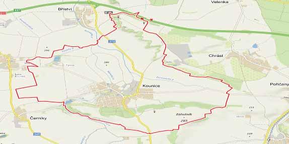 3.2 POLOHA Městys Kounice se nachází zhruba 46 Km od hlavní města Prahy směrem na Hradec Králové. Obrázek 3.1.