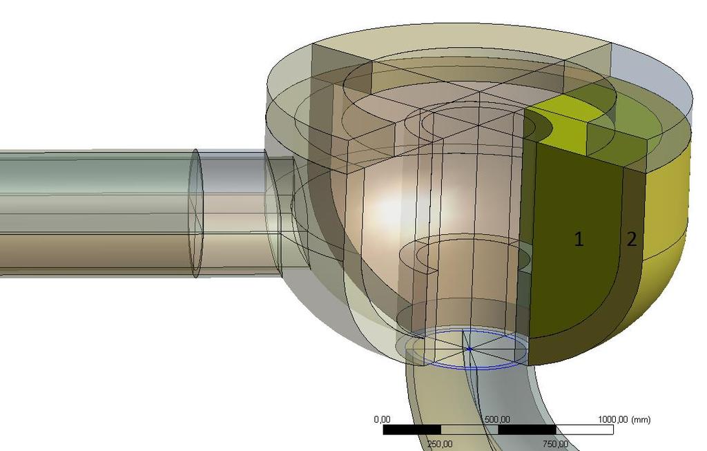 Obrázek 9: Detail HCČ V Ansys Meshing docházelo k vytvoření dvou nezávislých částí sítě, které byly odděleny mezerou a vzájemně nekomunikovaly.