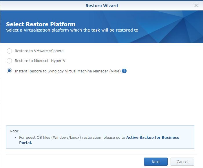 Omezení: Zálohování virtuálního počítače v aplikaci Synology VMM je podporováno pouze v systému DSM 6.2 a v aplikaci Synology VMM 2.3.4 a novějších.