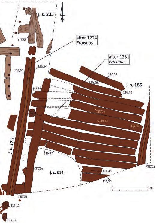 318 Krąpiec Piekalski: Dendrochronology vs. dating of complex stratigraphic Fig. 5. Wrocław, Nowy Targ square, excavations 2010 2012. Stratigrafic units 176, 186 (drawing J. Nastaszyc and N. Lenkow).