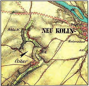 Archeologické rozhledy LXXI 2019 171 Obr. 1. Štítary u Kolína. Ostrožna severně od obce (označena šipkou), stav dle mapy 1. vojenského mapování z let 1764 1783. Fig. 1. Štítary near Kolín.