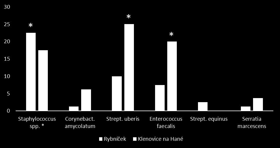 Graf 2: Výskyt jednotlivých patogénov v chovoch v Čechách (%) Legenda: Staphylococcus spp.* = zahrnuje druhy Staphylococcus haemolyticus, S. epidermidis, S. chromogenes, S. pasteuri.