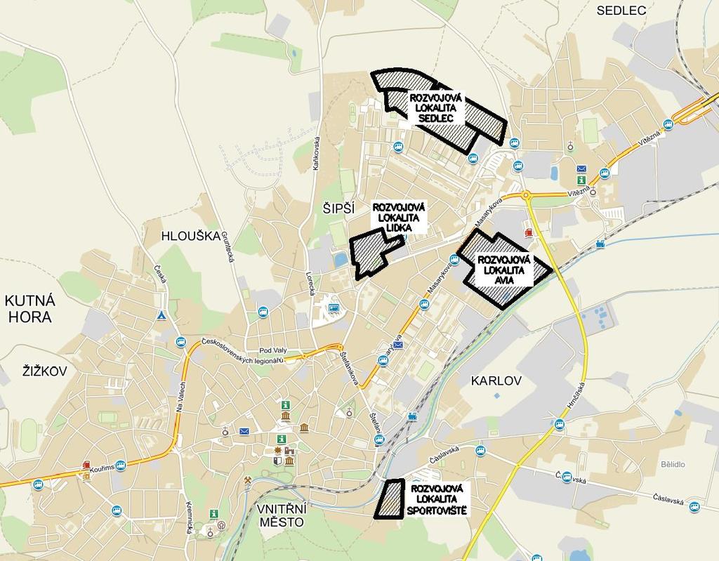 Obr. 7: Mapa rozvojových oblastí 8.2.2 energetické bilance, možnosti napojení na primární energie Rozvojová lokalita Sedlec výstavba cca 600 bytů v BD + výstavba cca 40 RD Soudobý el.