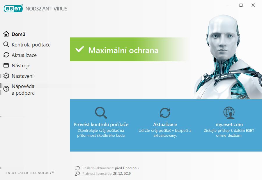 Na záložce Domů jsou zobrazeny důležité informace o aktuální úrovni ochrany vašeho počítače.
