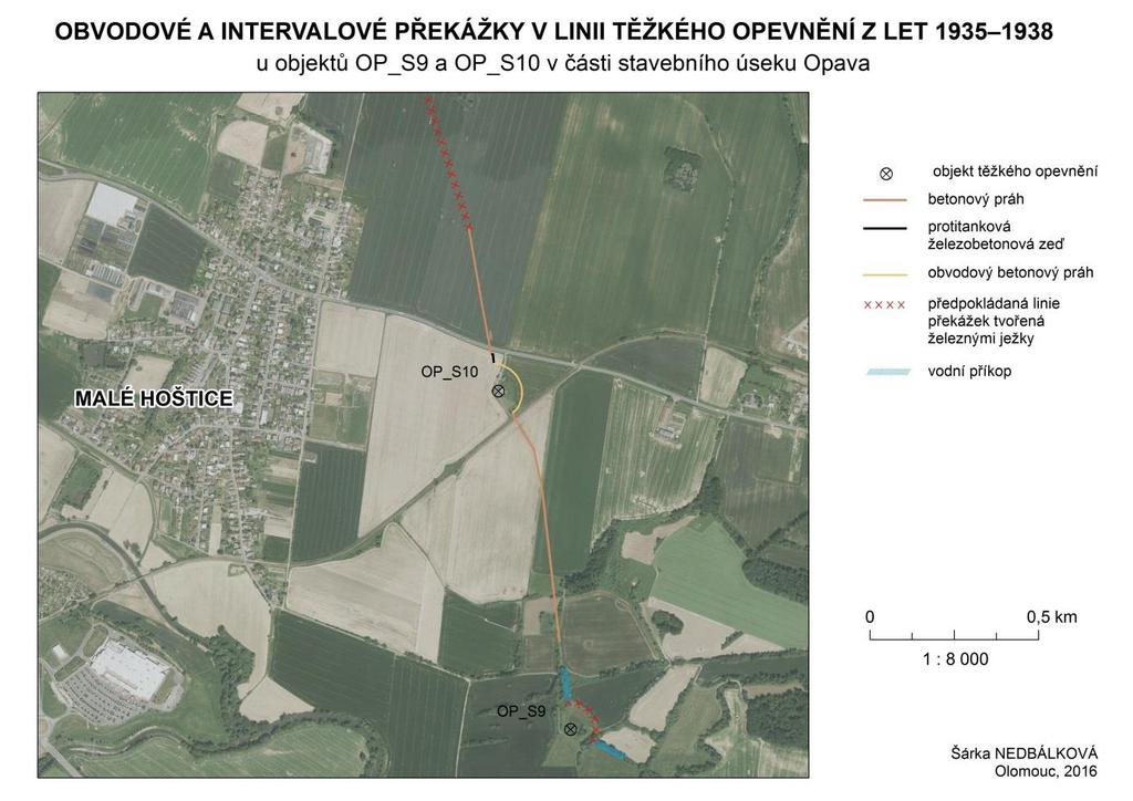 Obr. 4 Mapa linie intervalových a obvodových protitankových i protipěchotních překážek československého opevnění z let 1935 1938 u objektů OP_S9 a OP_S10.