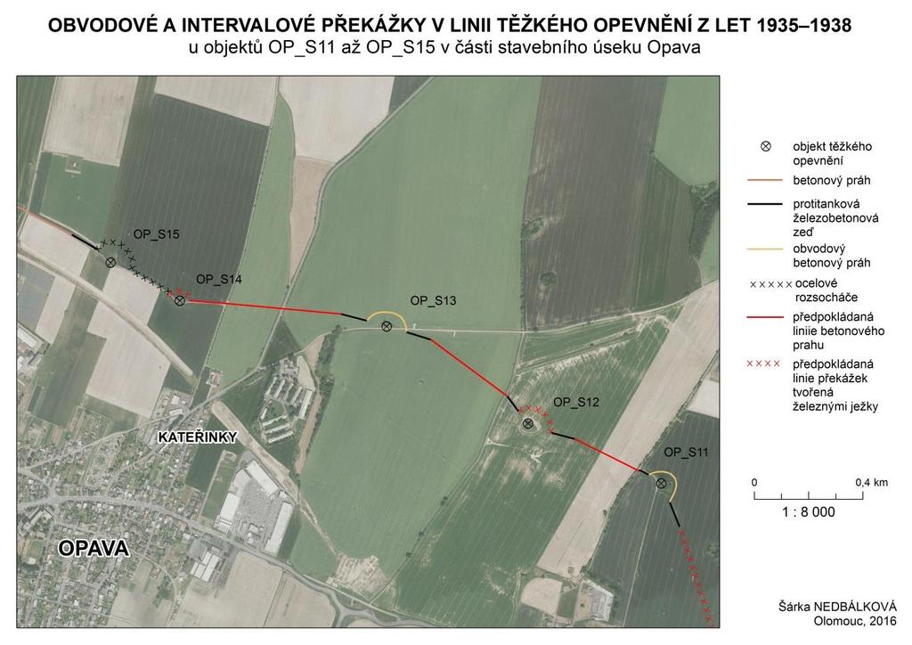 část intervalové překážky od objektu OP_S15 směrem k objektu OP_S16. Můžeme však předpokládat, že obvodová překážka plynule navazovala na intervalovou a tvořila jí alespoň řada ocelových rozsocháčů.