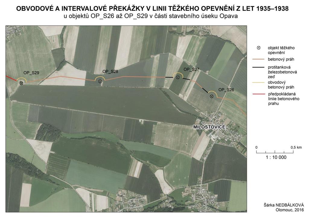 Obr. 13 Mapa linie intervalových a obvodových protitankových i protipěchotních překážek československého opevnění z let 1935 1938 u objektů OP_S26 až OP_S29.