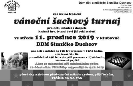 PLÁN AKCÍ 5.12. MIKULÁŠSKÉ BESÍDKY PRO MŠ - Mikuláš, anděl a čert navštíví v dopoledních hodinách duchcovské mateřské školy. 5.12. NEBE, PEKLO, MIKULÁŠ aneb Z pohádky do pohádky Od 16:00 hodin v tělocvičně na 1.