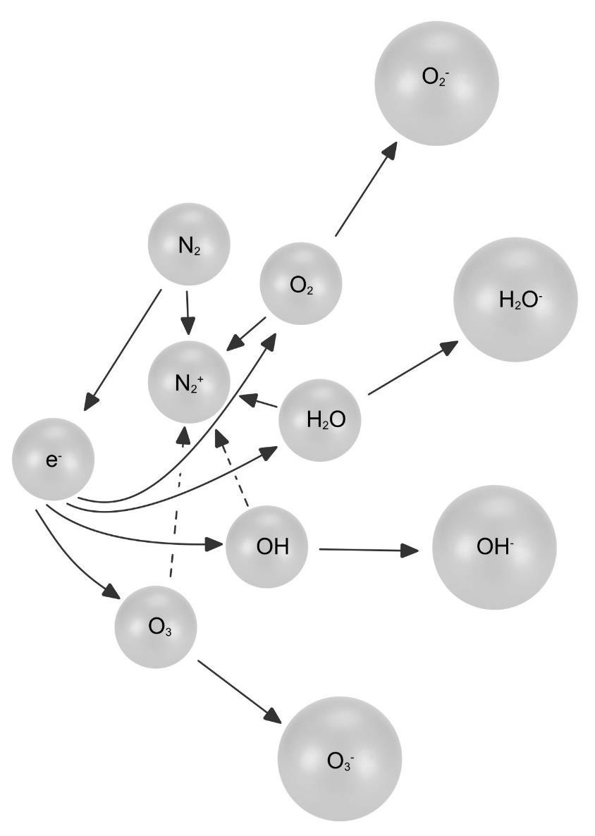 Tyto komplexy jsou do jisté míry stále, nazývají se tzv. lehkými ionty, a mohou mít podobu: negativní a pozitivní O 2-.(H 2O) n O 3-.(H 2O) n OH -.(H 2O) n (H 2O) - n (H 3O) +.(H 2O) n H +.