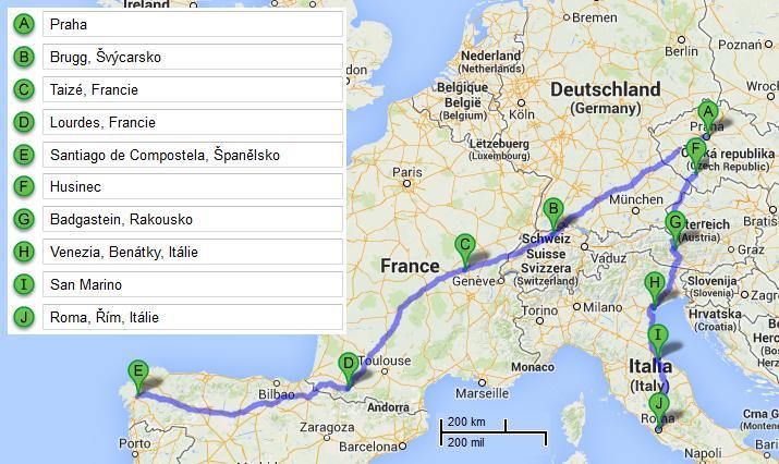 pouti jsem vydedukoval na 1991. 286 Do Compostely šli zásadně po silnicích a vzdálenost něco přes 2400 km ušli za 88 dní. Prošli Taizé, Lurdy a jiná významná místa.